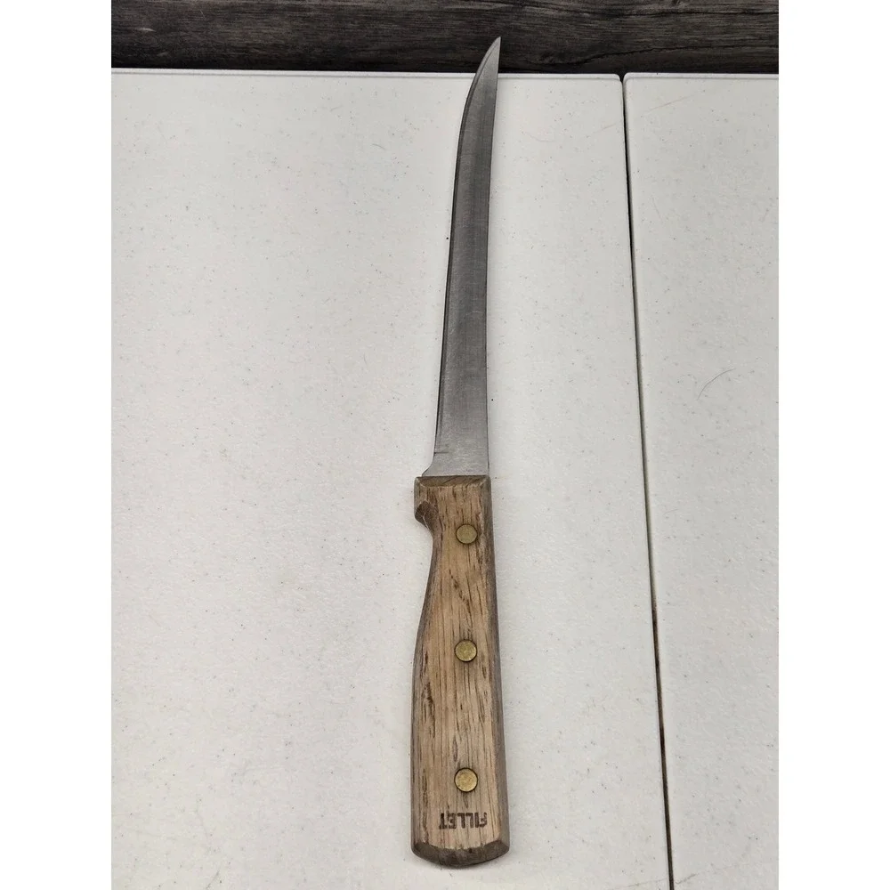 Vintage Stainless Steel Fillet‎ Knife Wood Handle Brass Rivets 12 Inch Taiwan